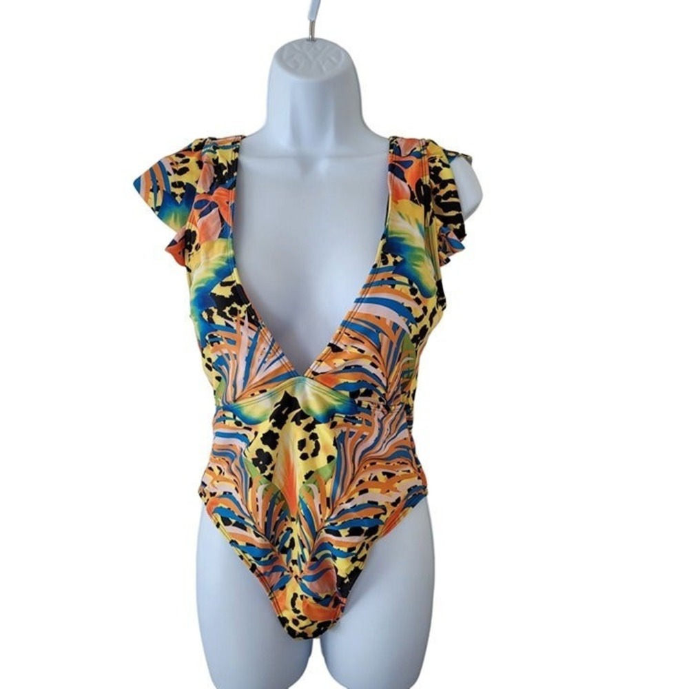 Tropical Leopard Print Ruffle Sleeve Deep V-Neck One Piece Swimsuit Large